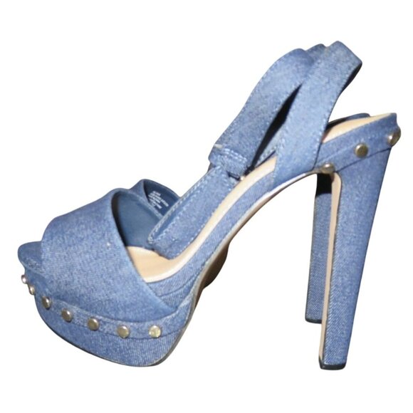Shoedazzle Alana Chambray Blue Denim Studded Slingback Platform Heels size 8.5 t - Picture 1 of 12